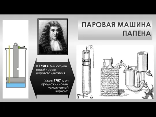 ПАРОВАЯ МАШИНА ПАПЕНА В 1690 г. был создан новый проект парового двигателя.