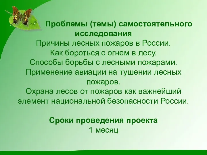 Проблемы (темы) самостоятельного исследования Причины лесных пожаров в России. Как бороться с