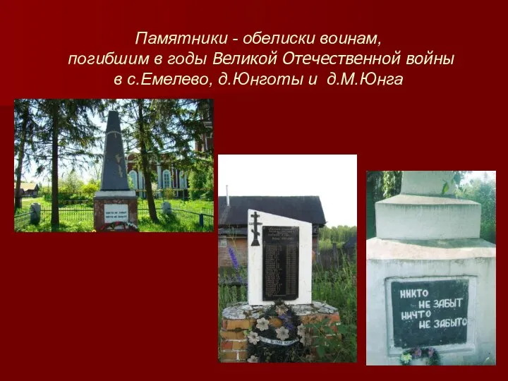 Памятники - обелиски воинам, погибшим в годы Великой Отечественной войны в с.Емелево, д.Юнготы и д.М.Юнга