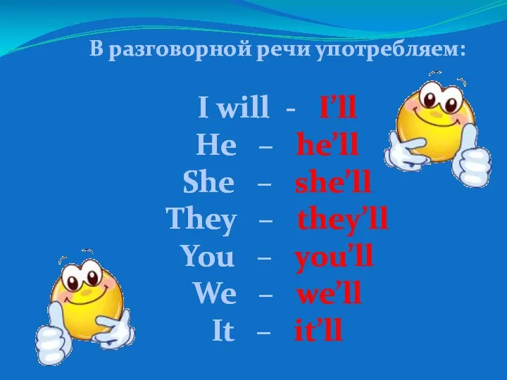 В разговорной речи употребляем: I will - I’ll He – he’ll She