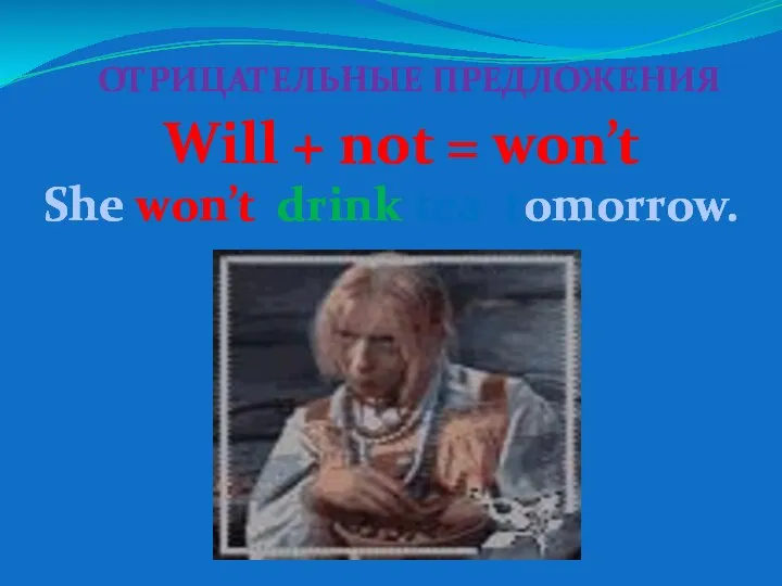 ОТРИЦАТЕЛЬНЫЕ ПРЕДЛОЖЕНИЯ Will + not = won’t She won’t drink tea tomorrow.