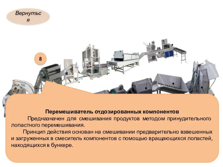 Вернуться 8 Перемешиватель отдозированных компонентов Предназначен для смешивания продуктов методом принудительного лопастного