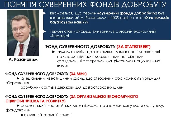 Вважається, що термін «суверенні фонди добробуту» був вперше вжитий А. Розановим в