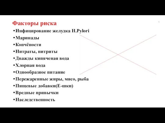 Факторы риска Инфицирование желудка H.Pylori Маринады Копчёности Нитраты, нитриты Дважды кипяченая вода