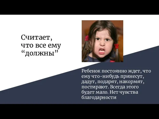 Считает, что все ему “должны” Ребенок постоянно ждет, что ему что-нибудь принесут,