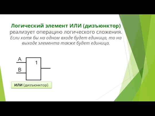 Логический элемент ИЛИ (дизъюнктор) реализует операцию логического сложения. Если хотя бы на