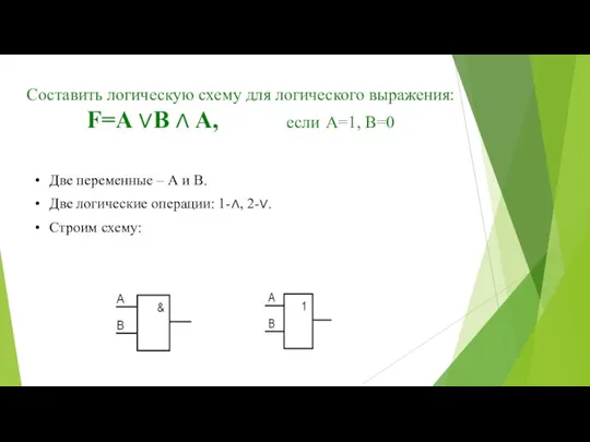 Составить логическую схему для логического выражения: F=A ∨B ∧ A, если А=1,