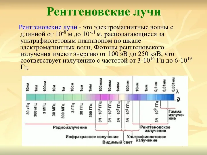 Рентгеновские лучи Рентгеновские лучи - это электромагнитные волны с длинной от 10-8