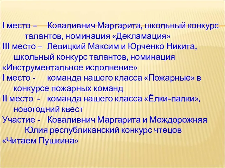 I место – Коваливнич Маргарита, школьный конкурс талантов, номинация «Декламация» III место