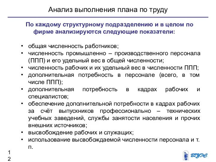 Анализ выполнения плана по труду По каждому структурному подразделению и в целом