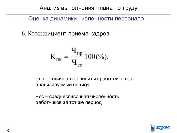 Анализ выполнения плана по труду 5. Коэффициент приема кадров Чпр – количество