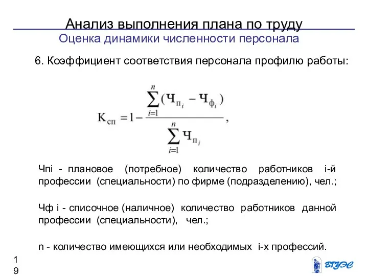 Анализ выполнения плана по труду 6. Коэффициент соответствия персонала профилю работы: Чпi