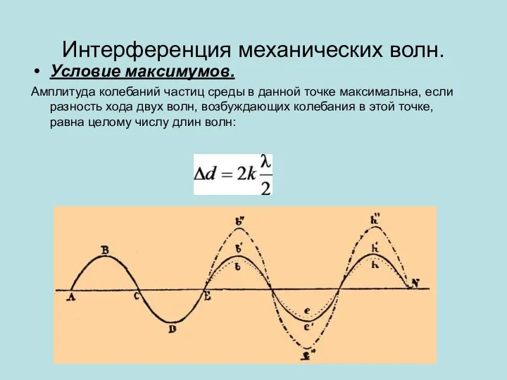 Интерференция механических волн. Условие максимумов. Амплитуда колебаний частиц среды в данной точке