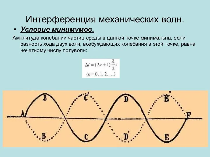 Интерференция механических волн. Условие минимумов. Амплитуда колебаний частиц среды в данной точке