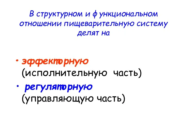 В структурном и функциональном отношении пищеварительную систему делят на эффекторную (исполнительную часть) регуляторную (управляющую часть)