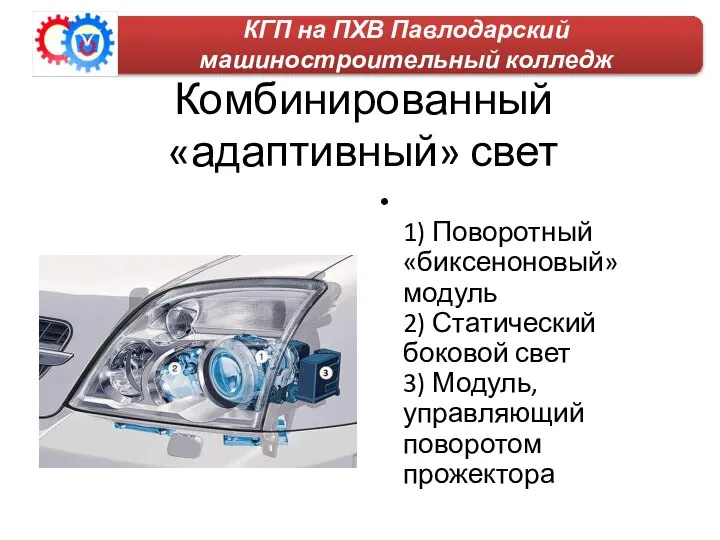 Комбинированный «адаптивный» свет 1) Поворотный «биксеноновый» модуль 2) Статический боковой свет 3)