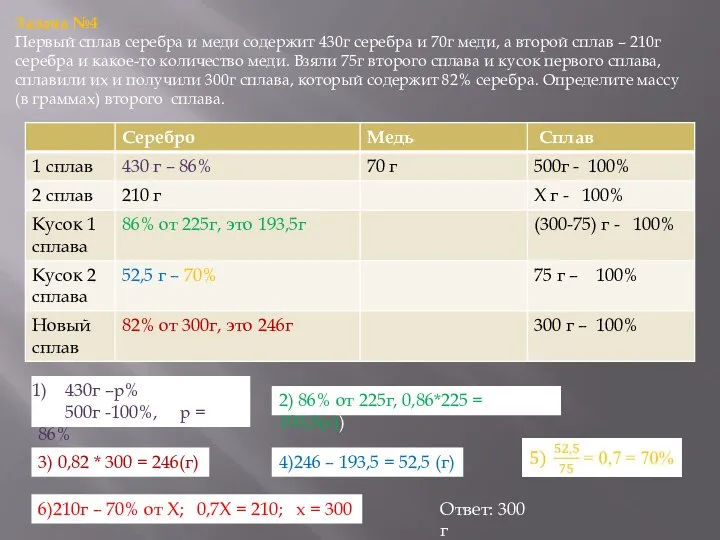 Задача №4 Первый сплав серебра и меди содержит 430г серебра и 70г