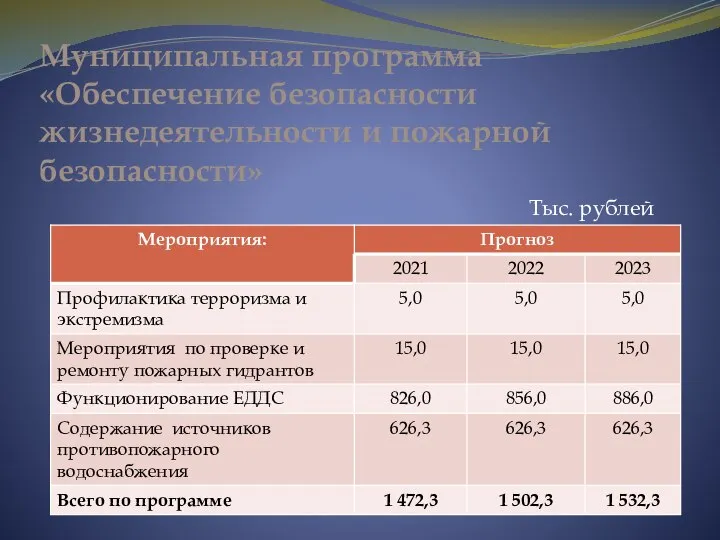 Муниципальная программа «Обеспечение безопасности жизнедеятельности и пожарной безопасности» Тыс. рублей