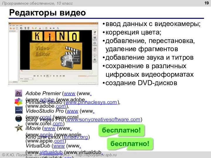 Редакторы видео ввод данных с видеокамеры; коррекция цвета; добавление, перестановка, удаление фрагментов