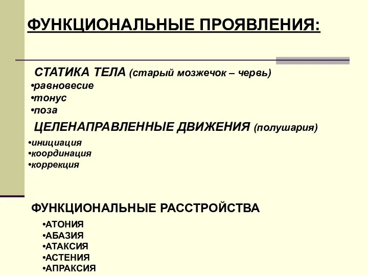 ФУНКЦИОНАЛЬНЫЕ ПРОЯВЛЕНИЯ: СТАТИКА ТЕЛА (старый мозжечок – червь) равновесие тонус поза ЦЕЛЕНАПРАВЛЕННЫЕ