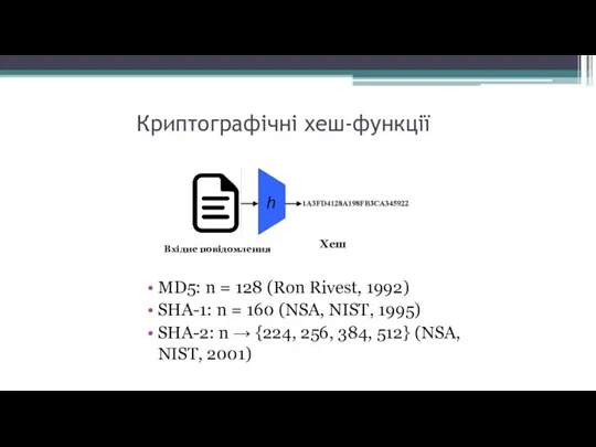 Криптографічні хеш-функції MD5: n = 128 (Ron Rivest, 1992) SHA-1: n =