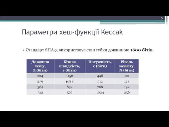 Параметри хеш-функції Keccak Стандарт SHA-3 використовує стан губки довжиною 1600 бітів. 5