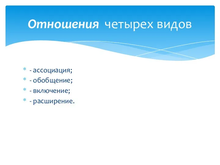 - ассоциация; - обобщение; - включение; - расширение. Отношения четырех видов