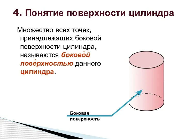 Множество всех точек, принадлежащих боковой поверхности цилиндра, называются боково́й пове́рхностью данного цилиндра.