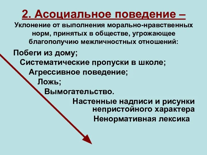 2. Асоциальное поведение – Уклонение от выполнения морально-нравственных норм, принятых в обществе,