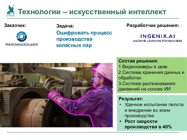 Технологии – искусственный интеллект Оцифровать процесс производства колесных пар Заказчик: Задача: Разработчик