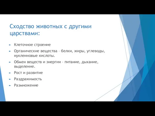 Сходство животных с другими царствами: Клеточное строение Органические вещества – белки, жиры,