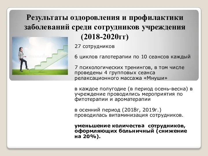 Результаты оздоровления и профилактики заболеваний среди сотрудников учреждения (2018-2020гг) 27 сотрудников 6