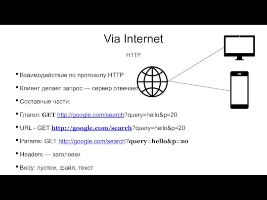 Via Internet Взаимодействие по протоколу HTTP Клиент делает запрос — сервер отвечает