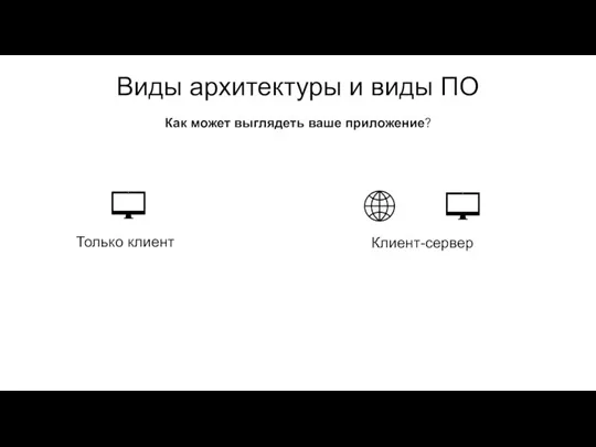 Виды архитектуры и виды ПО Как может выглядеть ваше приложение? Только клиент Клиент-сервер