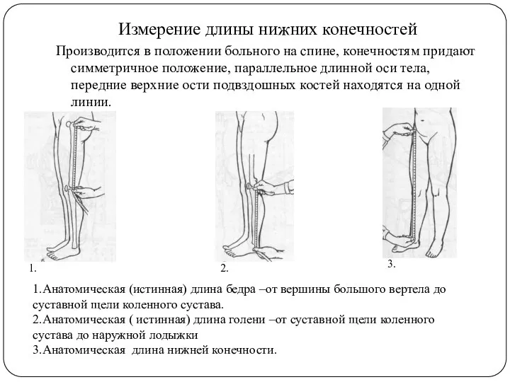 Измерение длины нижних конечностей Производится в положении больного на спине, конечностям придают