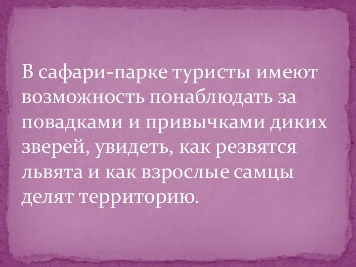 В сафари-парке туристы имеют возможность понаблюдать за повадками и привычками диких зверей,