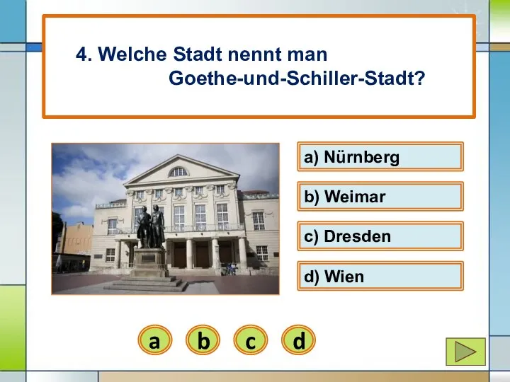 b) Weimar b a) Nürnberg a 4. Welche Stadt nennt man Goethe-und-Schiller-Stadt?