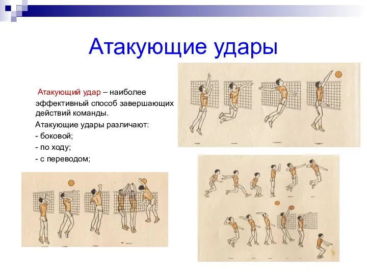 Атакующие удары Атакующий удар – наиболее эффективный способ завершающих действий команды. Атакующие