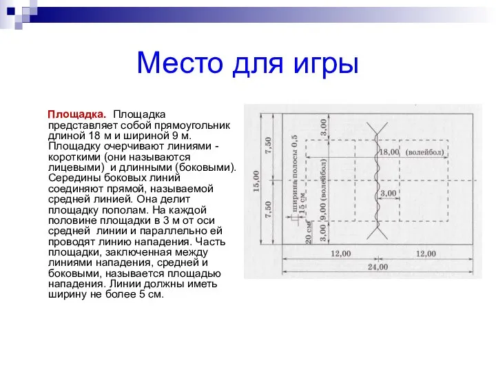 Место для игры Площадка. Площадка представляет собой прямоугольник длиной 18 м и