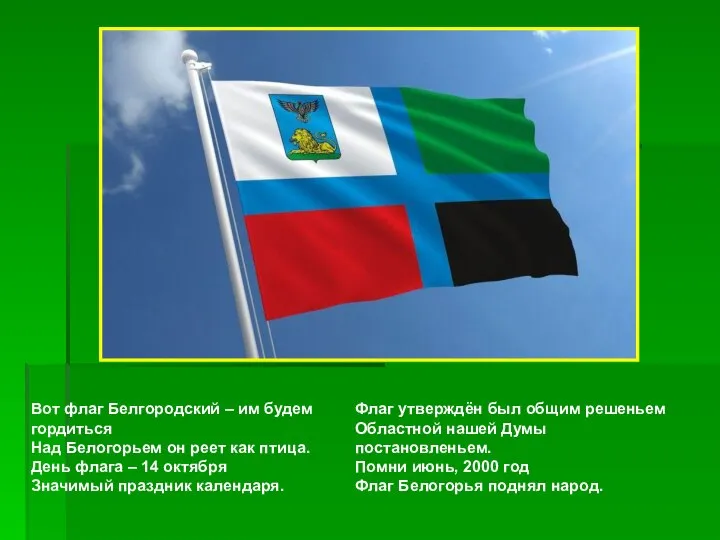 Вот флаг Белгородский – им будем гордиться Над Белогорьем он реет как