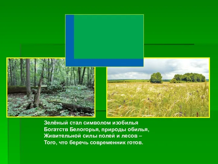 Зелёный стал символом изобилья Богатств Белогорья, природы обилья, Живительной силы полей и