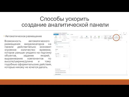 Способы ускорить создание аналитической панели Автоматическое размещение Возможность автоматического размещения визуализаторов на