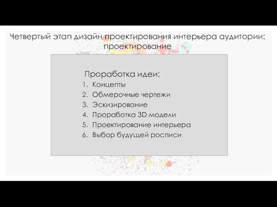 Проработка идеи: Концепты Обмерочные чертежи Эскизирование Проработка 3D модели Проектирование интерьера Выбор