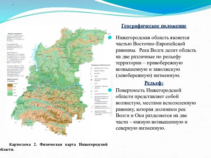 Географическое положение Нижегородская область является частью Восточно-Европейской равнины. Река Волга делит область