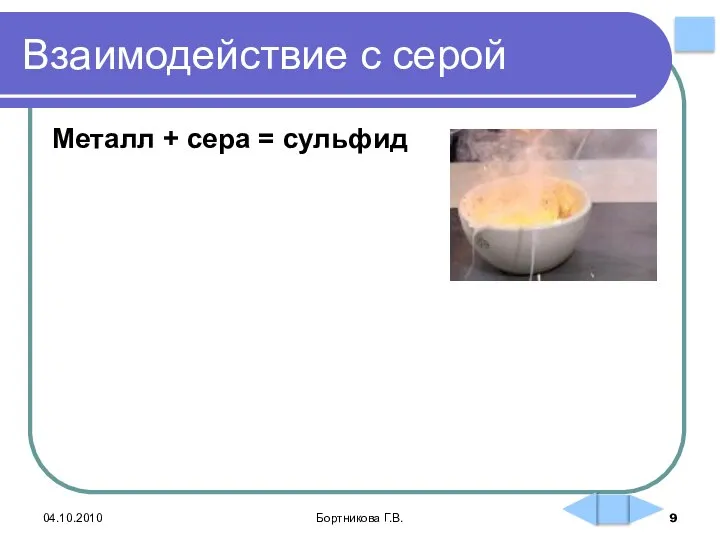 Взаимодействие с серой 04.10.2010 Бортникова Г.В. Металл + сера = сульфид