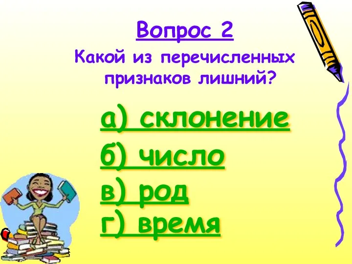 Какой из перечисленных признаков лишний? Вопрос 2 а) склонение г) время в) род б) число