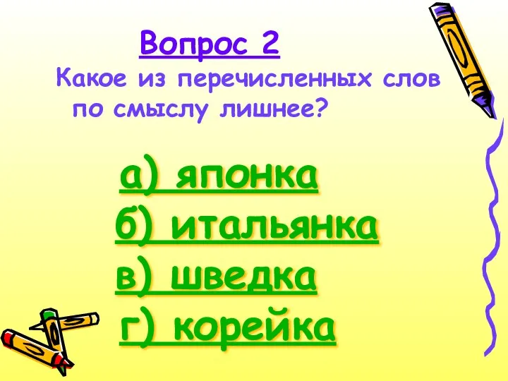 Какое из перечисленных слов по смыслу лишнее? Вопрос 2 а) японка г)