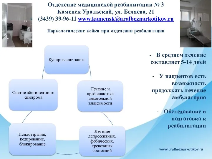 Отделение медицинской реабилитации № 3 Каменск-Уральский, ул. Беляева, 21 (3439) 39-96-11 www.kamensk@uralbeznarkotikov.ru