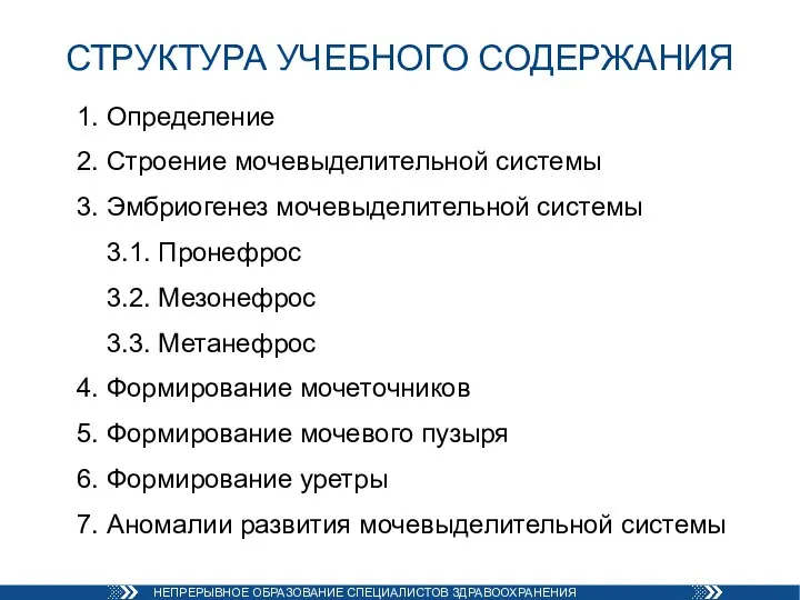 СТРУКТУРА УЧЕБНОГО СОДЕРЖАНИЯ 1. Определение 2. Строение мочевыделительной системы 3. Эмбриогенез мочевыделительной