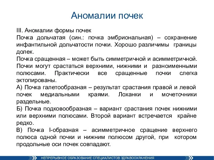 Аномалии почек III. Аномалии формы почек Почка дольчатая (син.: почка эмбриональная) –